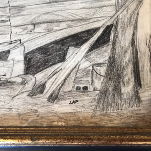 “Old Shack” pencil drawing Framed under glass -signed LAP - Picture 3 of 3